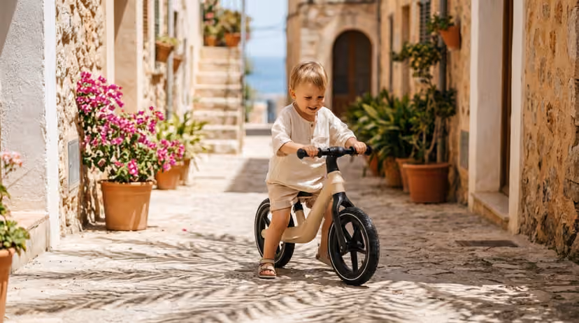 Bildmotiv aus dem DeerBird-KIDS-Shop: Kind auf einem Laufrad in einer mediterranen Gasse